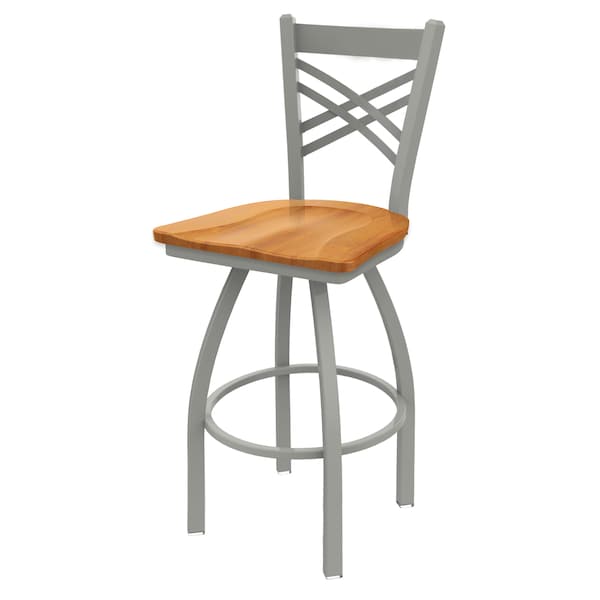 25" Swivel Counter Stool, Nickel Finish, Med Maple Seat